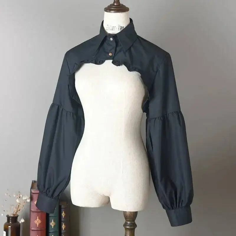 

Ruffle Shrugs Long Sleeves Bolero Collar Button Crop Tops Women Gothic Punk Under Knit Shirt Without Tube Drop Shoulder