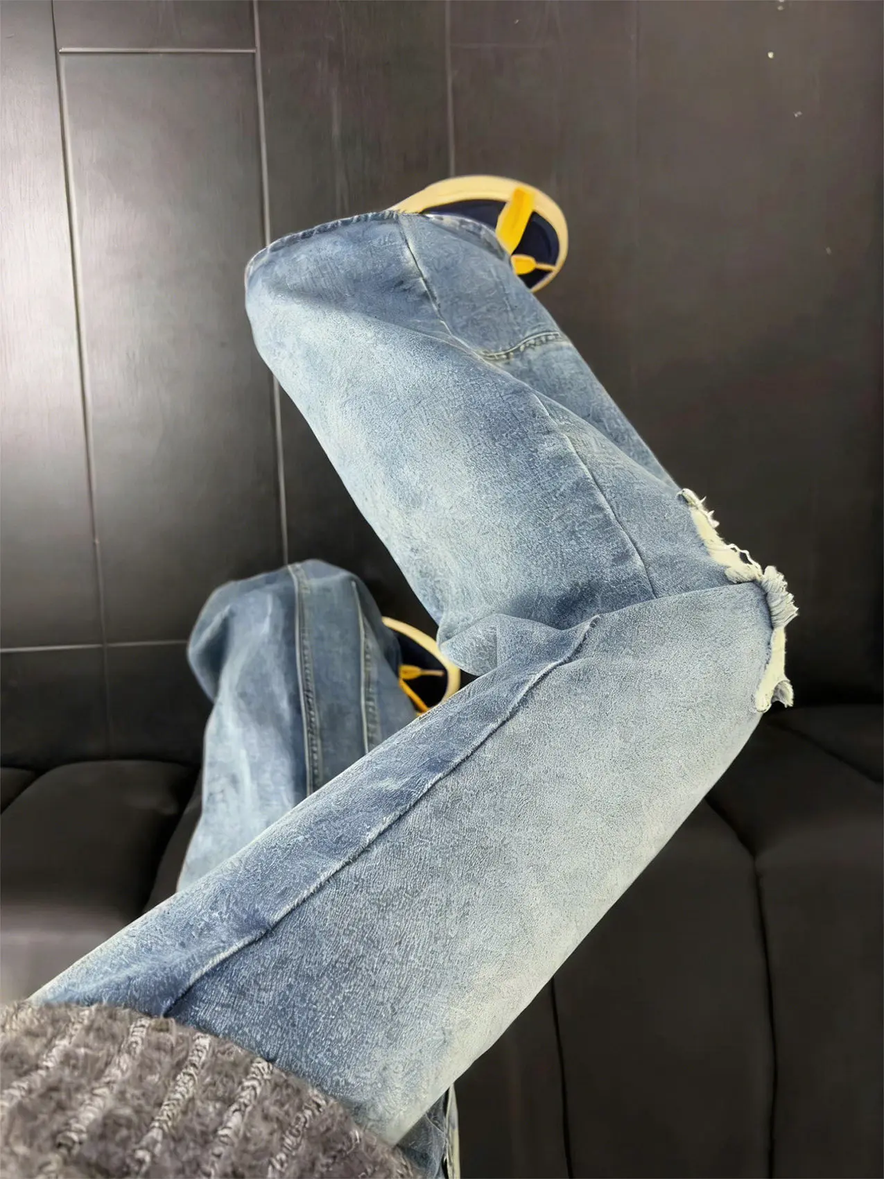 

Blue Washed Ripped Straight Leg Jeans Men's Spring Autumn American Deconstructed Workwear Pants Cleanfit Flared Leg Trousers