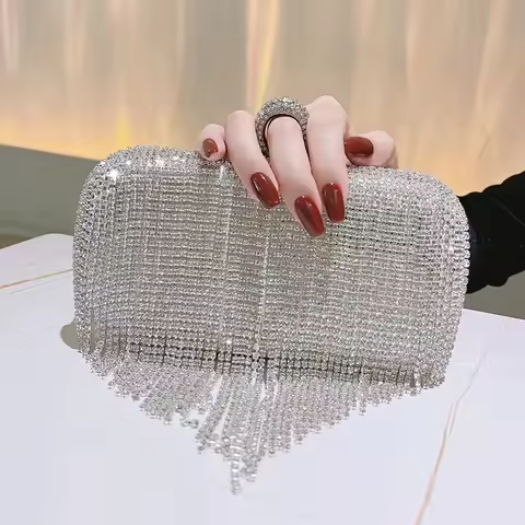 Tassel Luxury Glitter Clutch Silver Bags Rhinestones Finger Ring Diamonds Evening Bags Metal Chain Shoulder Handbags