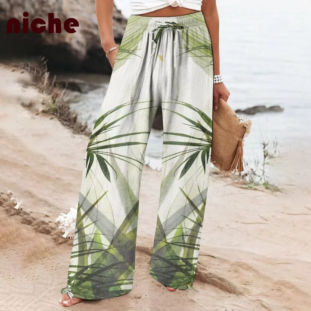 Elegant Ladies Beach Pants Fresh Bamboo Leaf Graphic Printing High Quality Cotton And Linen Soft Trend New Loose Wide Leg Pants