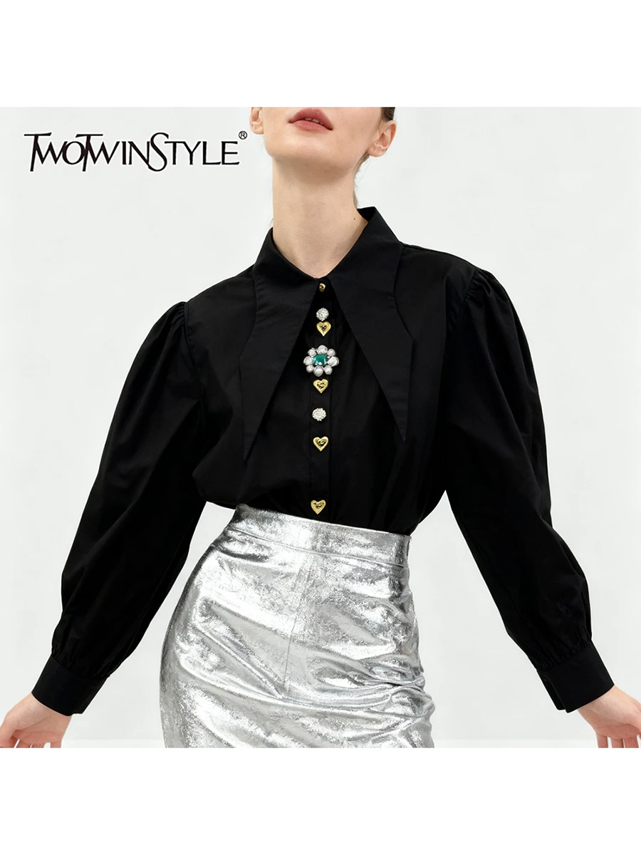 

TWOTWINSTYLE Solid Spliced Bead Versatile Shirts for Women Lapel Long Sleeves Patchwork Metal Buttons Fashion Shirt Female New