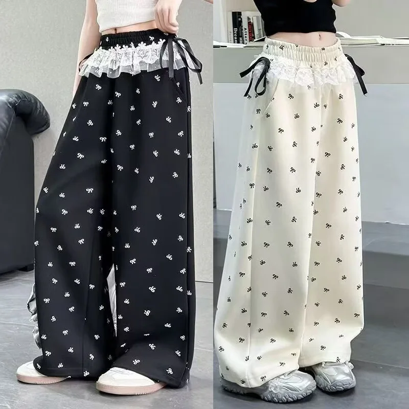 Girls Spring Bow Pants Teenager Printed Wide-Leg Trousers 2026 New Children's Loose Pants Kids Casual Autumn Clothing 5-14Y