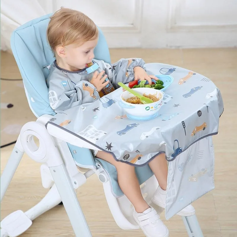 

Newborn Long Sleeves Bib Coverall with Table Cloth Cover Baby Dining Chair Gown Waterproof Saliva Towel Burp Apron Food Feeding