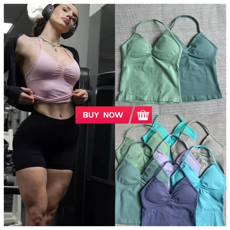 

V-neck Longline Strappy Top Women Seamless Yoga Tank Tops Scrunch Backless Gym Clothes Padded Workout Athletic Sleeveless Shirts