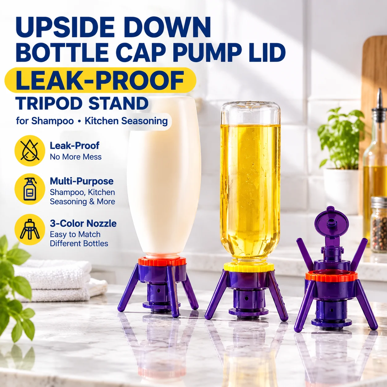 Upside Down Bottle Cap Pump Lid Leak-Proof Tripod Stand for Shampoo Kitchen Seasoning