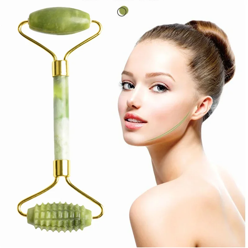 Facial Jade Massage Roller Set Guasha Board Double Heads Jade Roller for Face Natural Stone Massage Slimming Board Beauty Neck