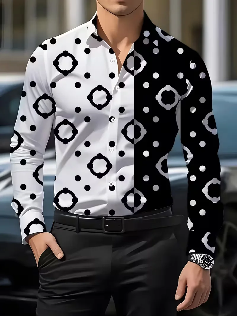 men's long sleeved shirt 3D printed line pattern design and men's lapel button Spring Autumn casual top Men Clothing