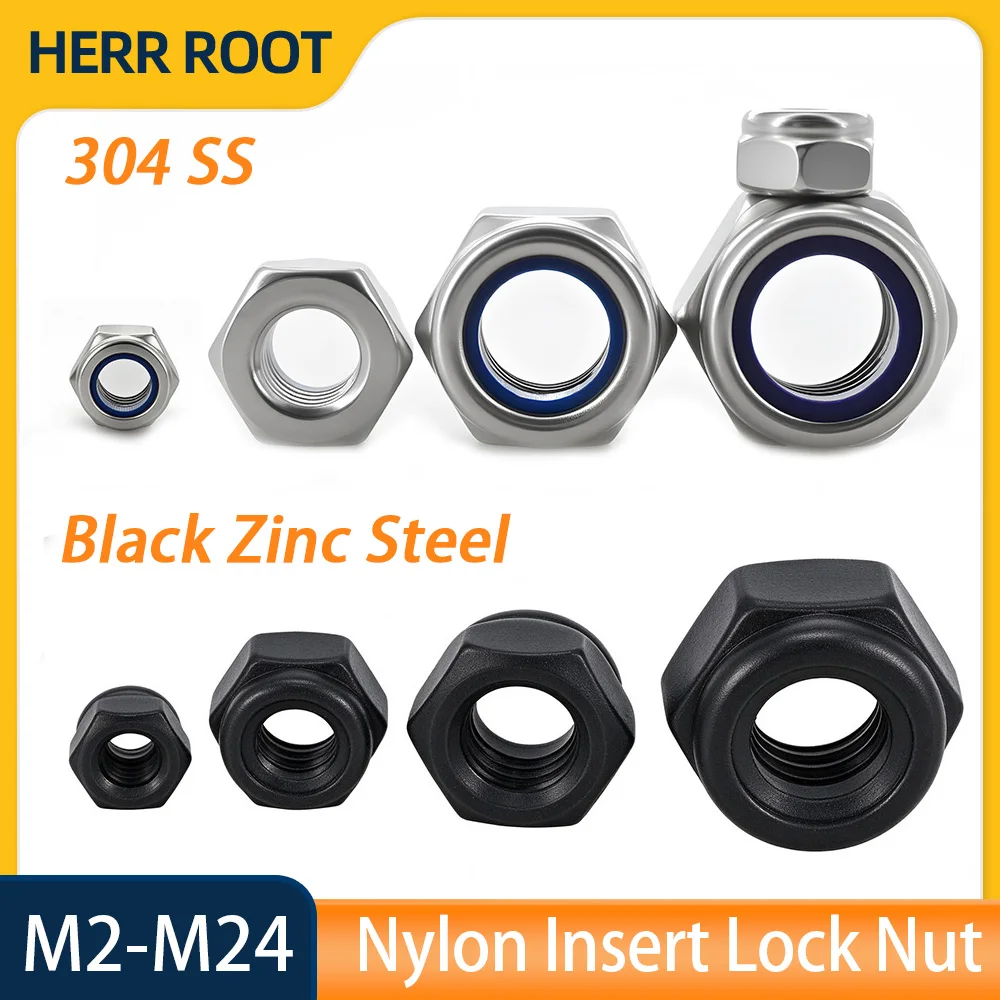1/2/5/10/50pcs 304 Stainless Steel Black Nylock Nut M2 M2.5 M3 M4 M5 M6 M8 M10 M12 M14 M16- M24 Hex Nylon Insert Self Lock Nuts