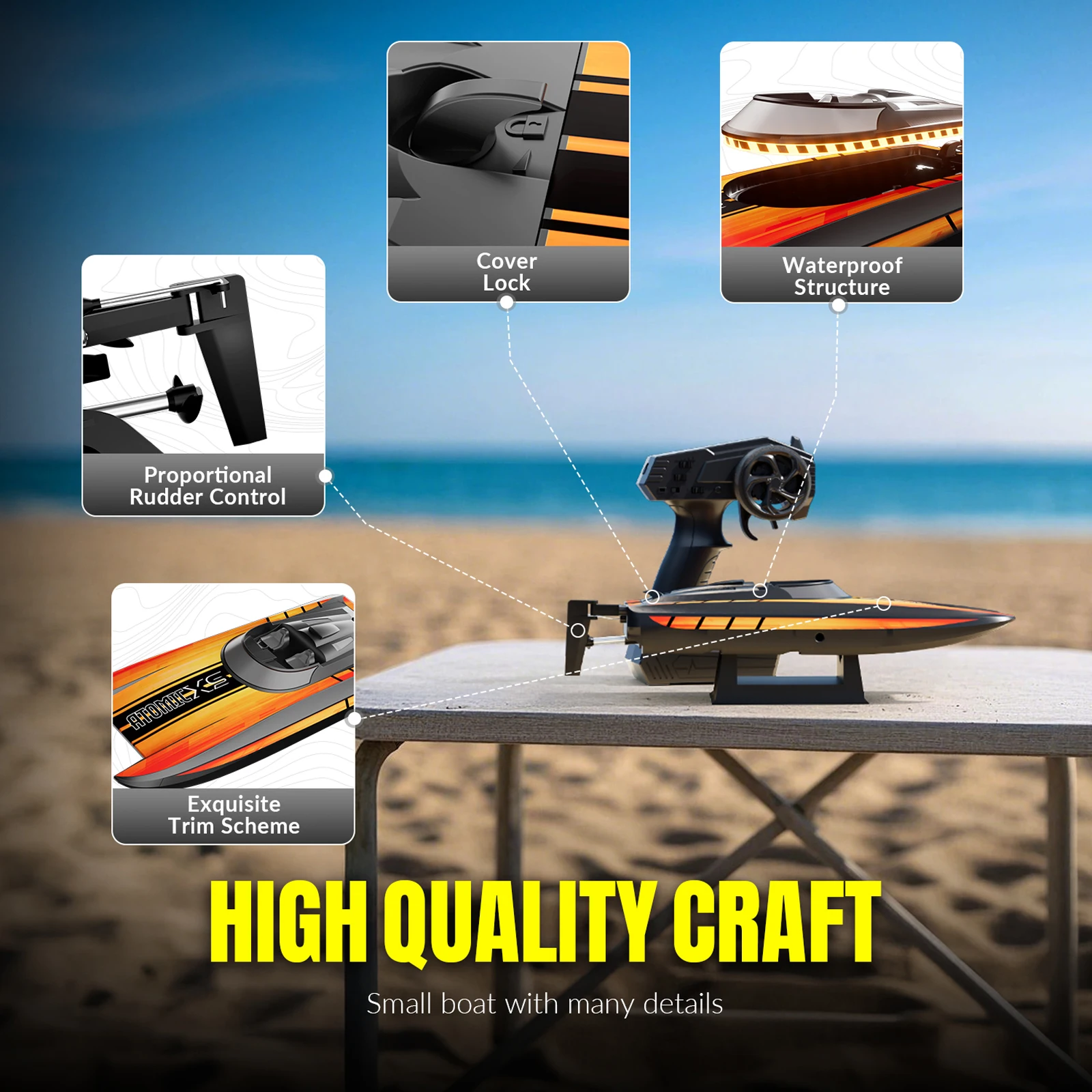 Barco de juguete con control remoto de 2,4G, resistencia duradera, bote de remos de alta velocidad para verano al aire libre con luces, juguetes RC para niños, regalos