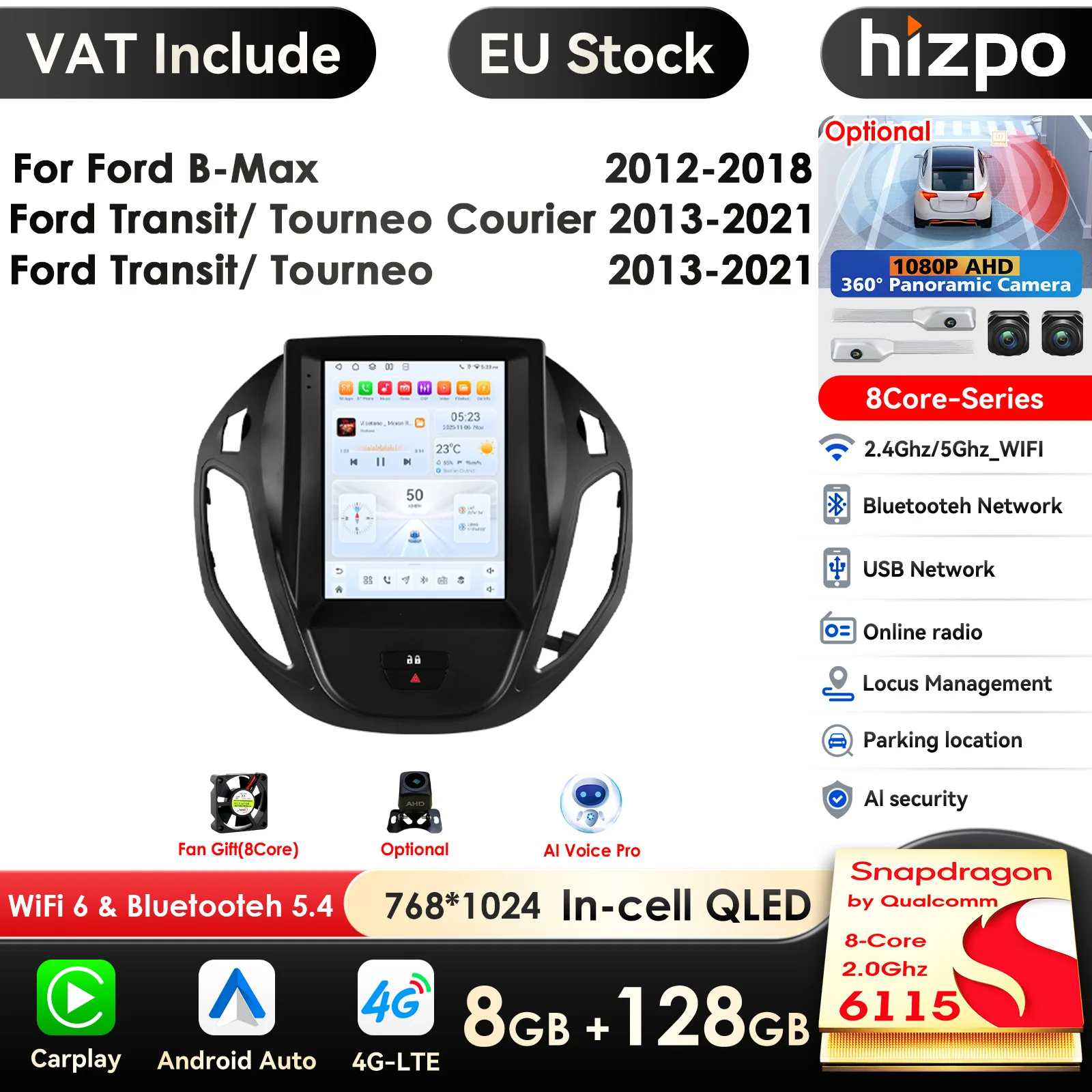 Autoradio 9.7'' 6115 8-Core con Telecamera a 360°, CarPlay, Android Auto per Ford Transit Tourneo 2012-2023, GPS, Unità Multimediale Stereo con WIFI