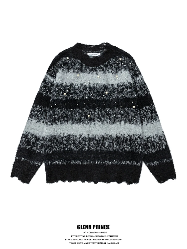 

Lazy Couple round Ne Knitted Sweater Men's Autumn Winter Hole Design Comfortable Loose Fit Long Sve Polyester Top