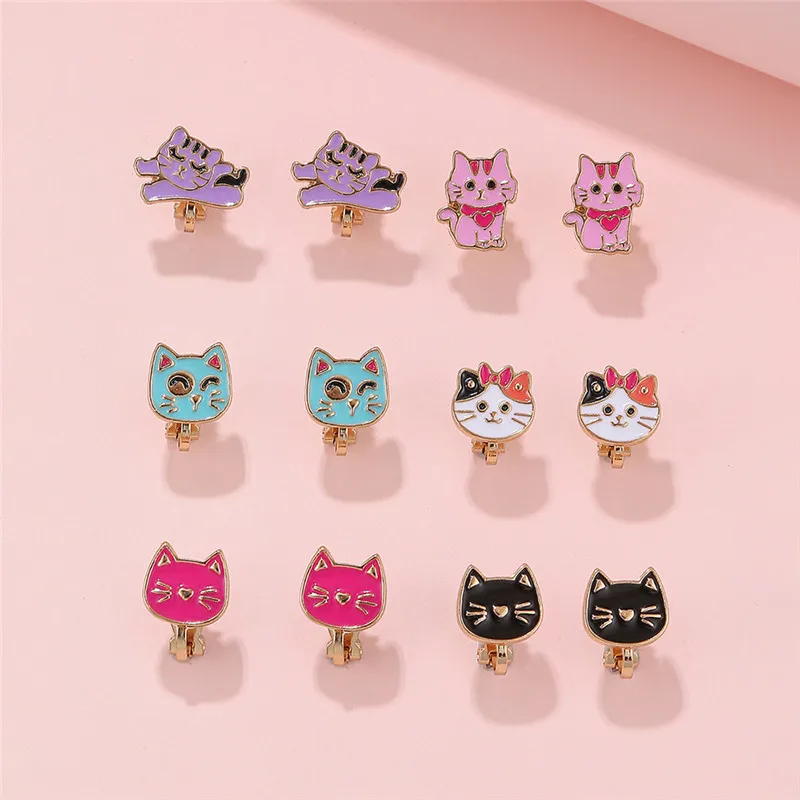 Cartoon Ear Clip Without Ear Hole Korean Edition Short Style Cat Ear Hanger Alloy Dinosaur Kids Clip Earrings Children Accessory