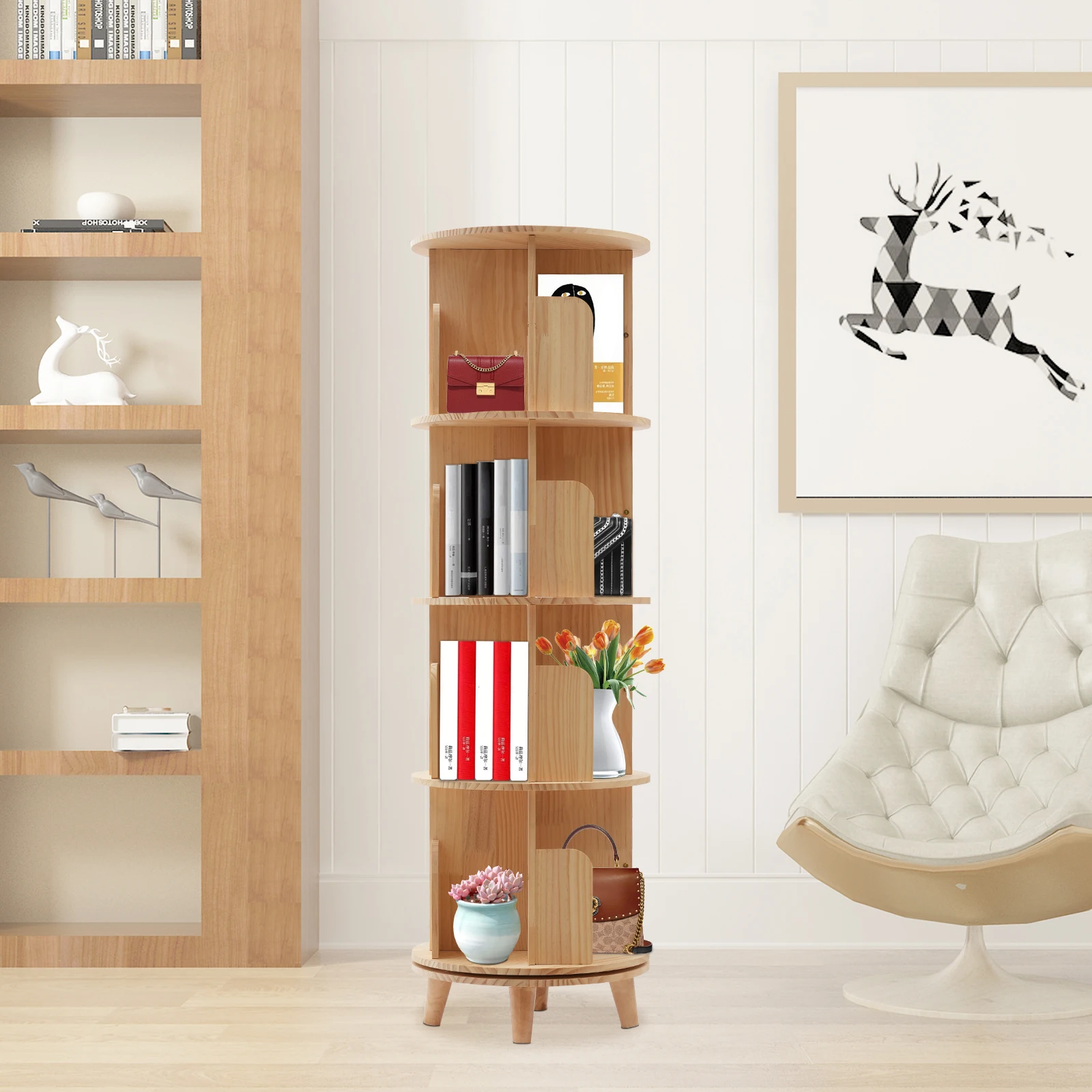 Revolving Bookstand 360 Display Floor Standing Bookcase Storage Rack for Kids and Adults Multi-Functional Bookshelf Organizer