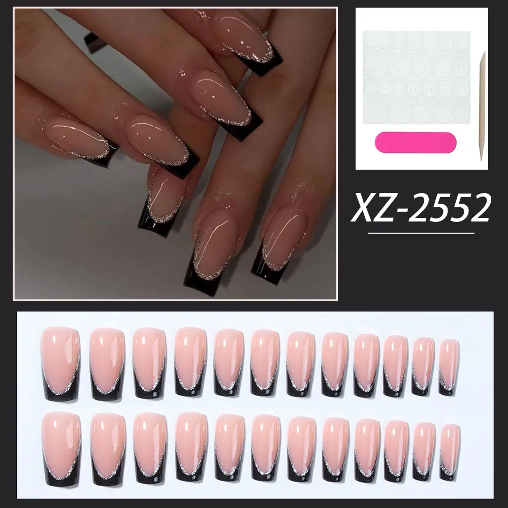 24pcs/ box press on nails, medium square nail solid color gold line simple black French press nails, nail products removable fak