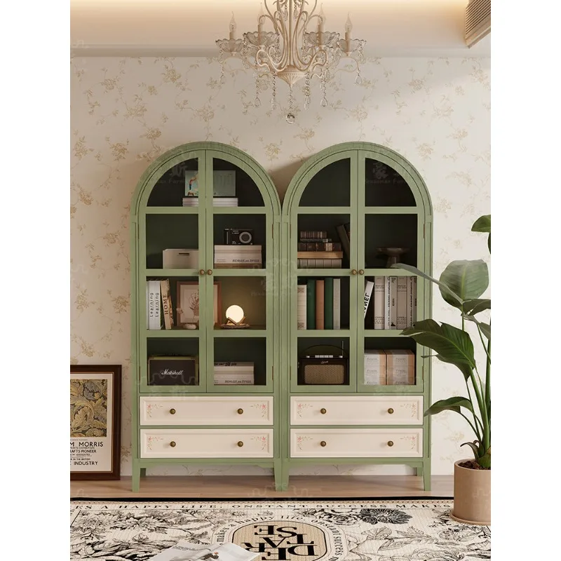 American solid wood bookcase retro painted dust-proof glass door arched high cabinet combination floor-to-ceiling household gree