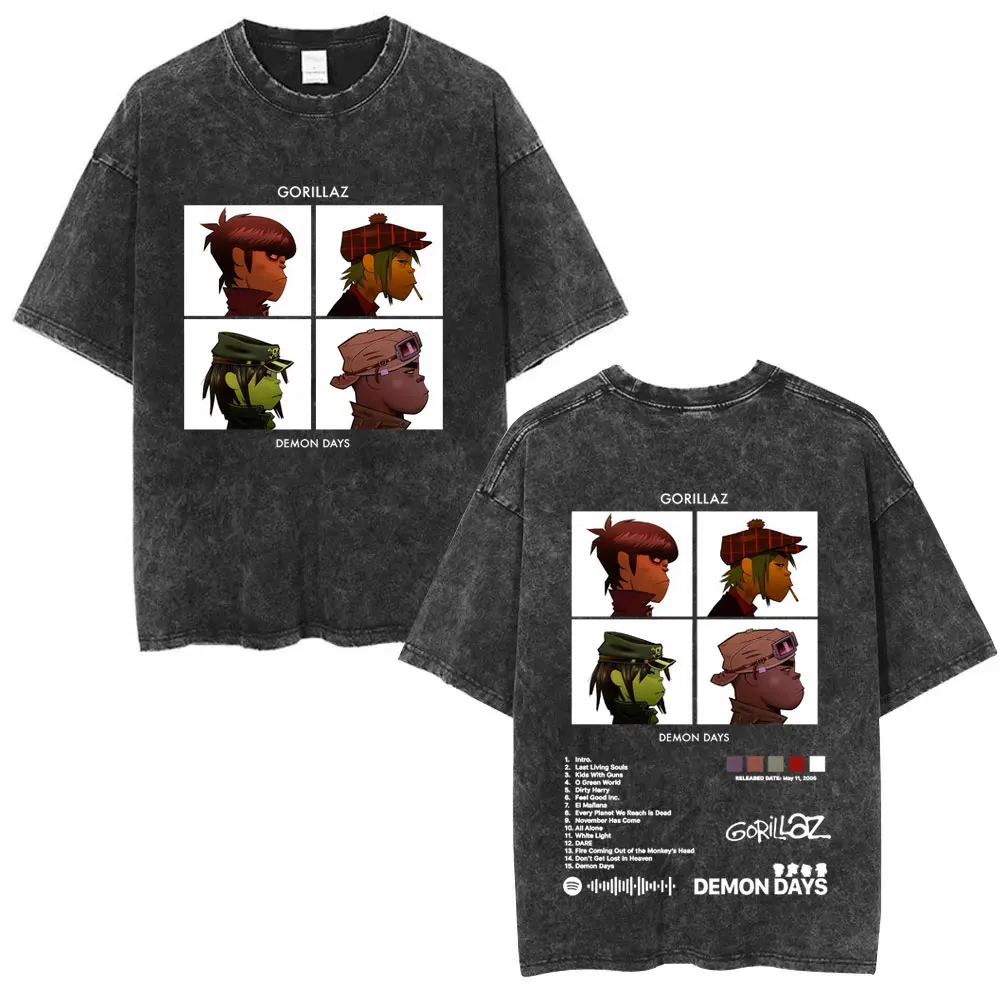 

Washed Vintage Rock Band Gorillaz Demon Days Album Graphic T-shirt Men Women Hip Hop Fashion Oversized T Shirts Male Streetwear
