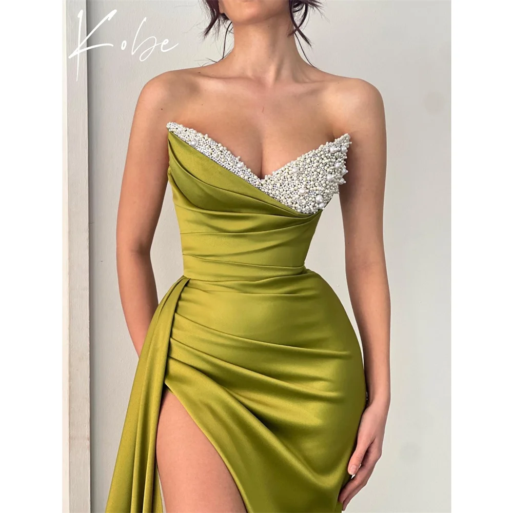 

Kobe Green Side High Split Prom Dresses Sleeveless Customized فساتين سهرات Sweetheart Neck Elegant vestido de gala noche mujer
