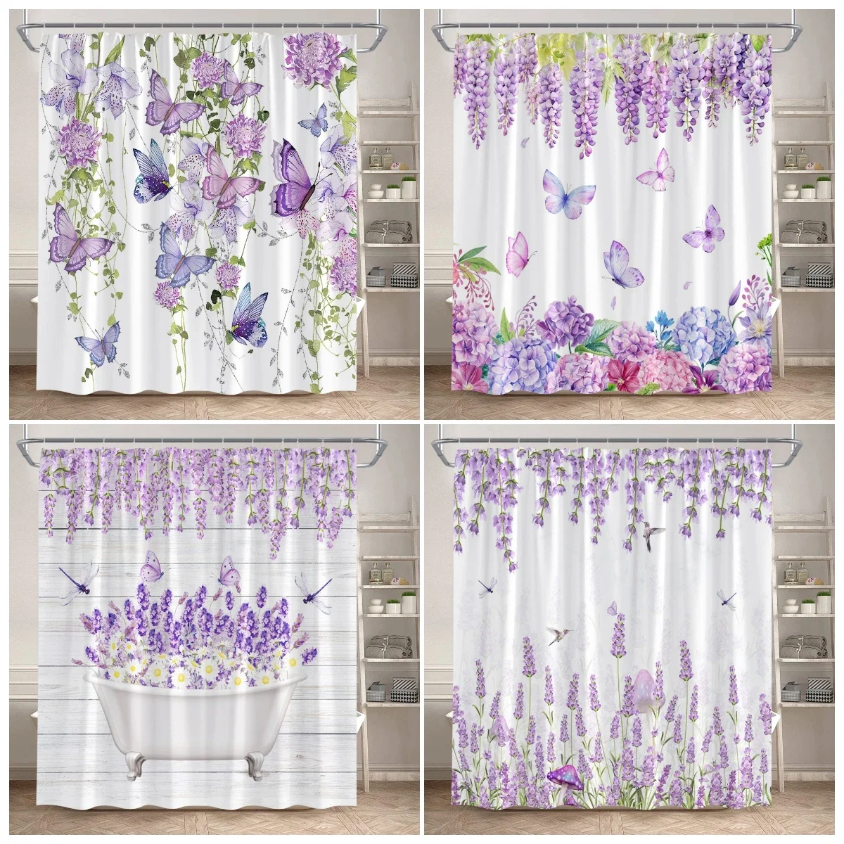 

Фиолетовая занавеска для душа с цветочным принтом, бабочка, стрекоза, цветок лаванды, синяя гортензия, деревенское растение, занавески для ванной комнаты, ткань, домашний декор