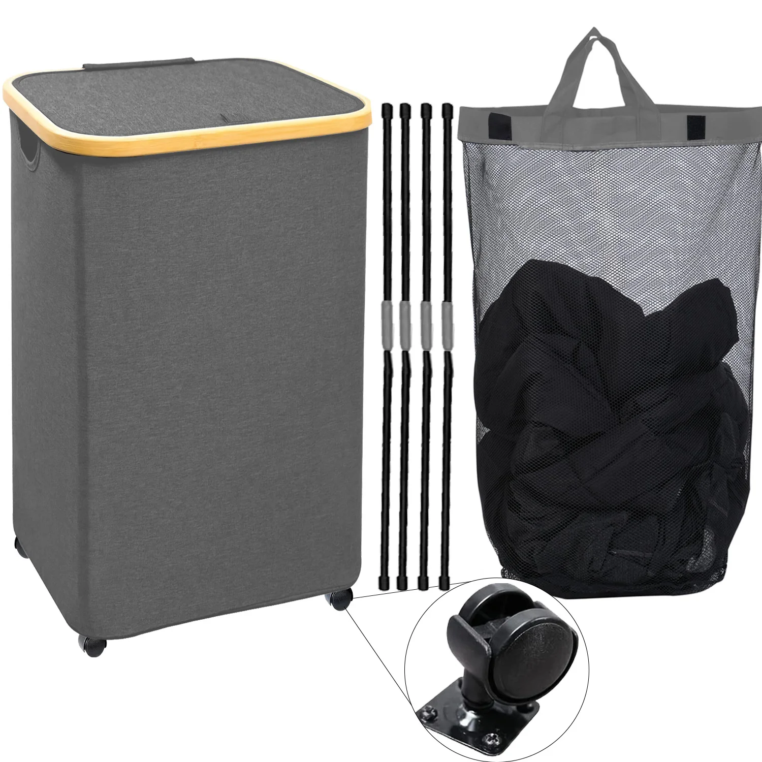 Foldable Clothes Hamper with Wheels and Lid,110L (29 Gal) Basket with Bamboo Handles, for Dorm, Bedroom, Laundry Room, Bathroom