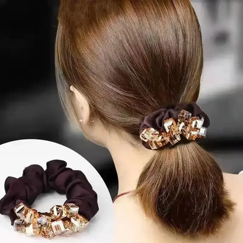 Soft Satin Large Intestine Ring Crystal Hair Tie Adult Headband Elegant Ponytail Headdress Flower Rubber Band Hair Scrunchies