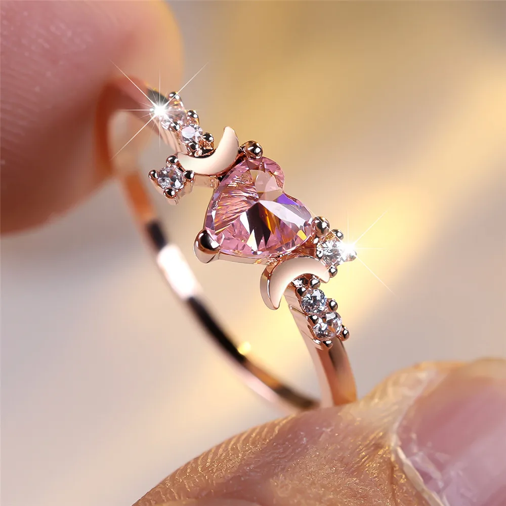 Elegant Pink Crystal Heart Stone Ring Female Cute Small Moon Rings For Women Vintage Rose Gold Color Wedding Band Bridal Jewelry