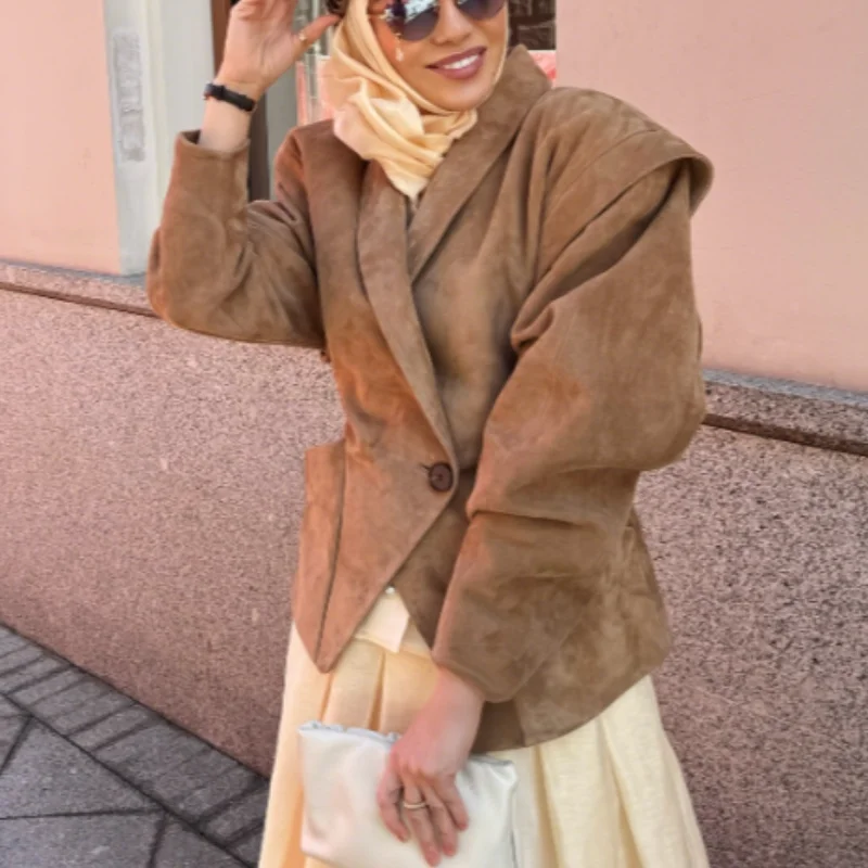 

Women Chic Retro Solid Suede Lapel Jackets Casual Waist Cinching Button Long Sleeves Coats 2025 Autumn Lady New Street Outerwear