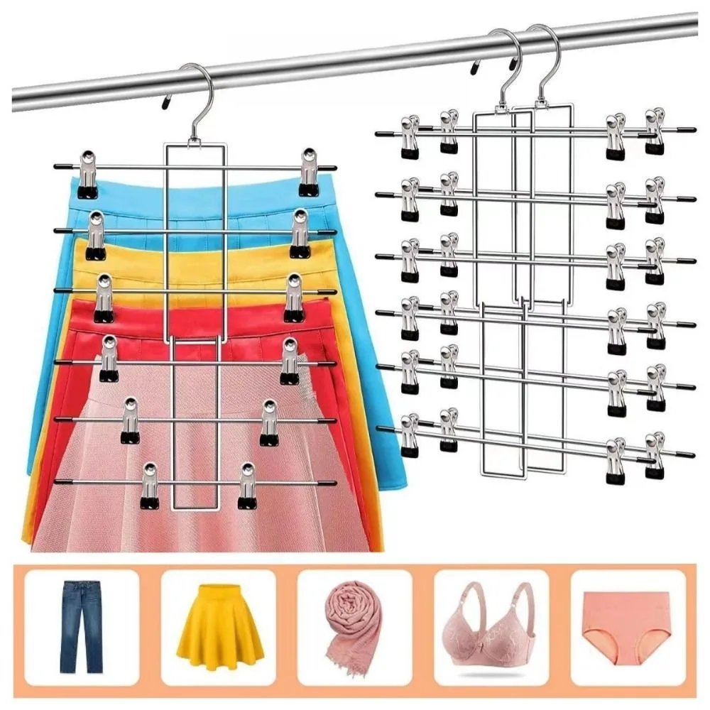 6 Layer Clothes Hangers Multilayer Skirt Trouser Hanger for Pants Non Slip Metal Hanger Clips Clothing Storage Rack Holder