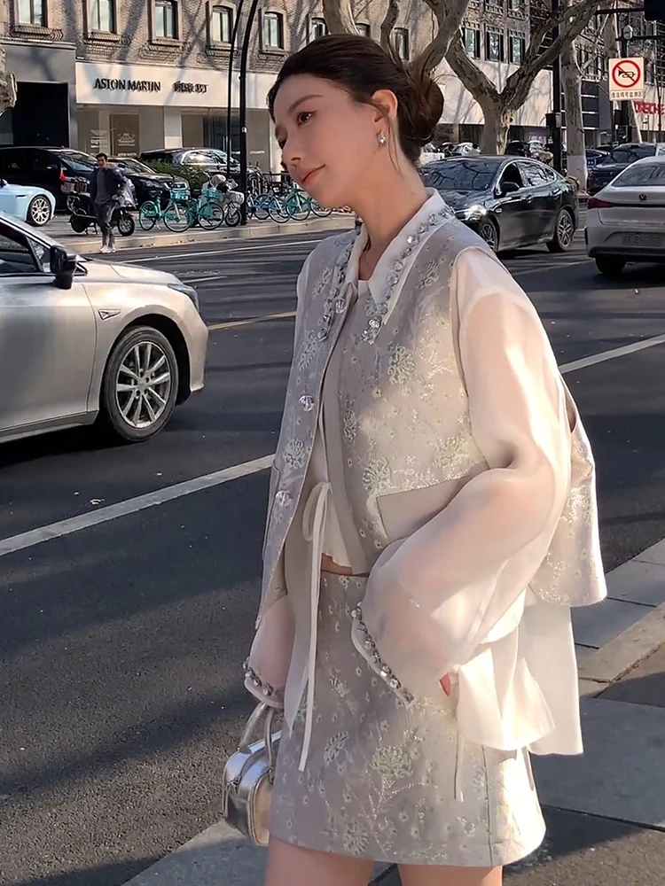 

Spring Summer New Chinese Style Floral Stand Collar Belted A-Line Short Skirt Set Women's Fashion round Neck High Waist Vest