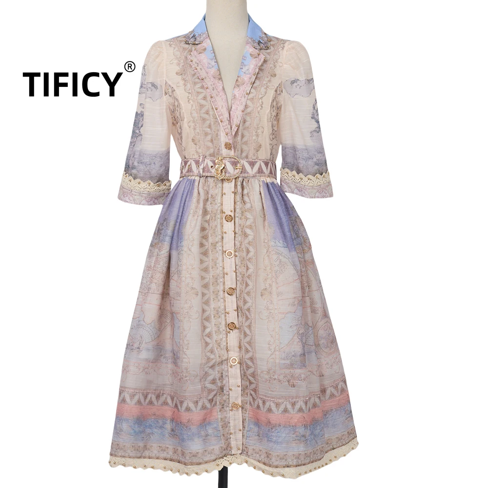 

TIFICY Vacation Style Women's Single Breasted Dress with Hainan Airlines Positioning Print Retro Suit Collar Linen Short Dress