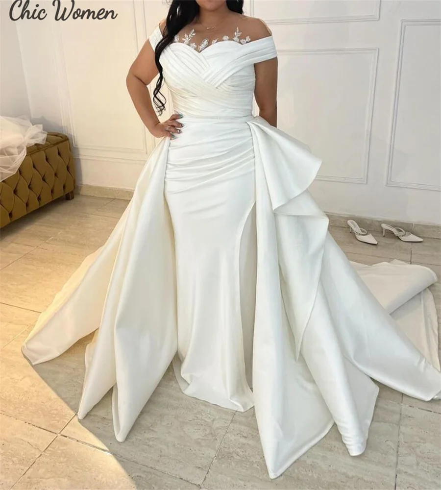 Large Size Mermaid Wedding Dress With Detachable Train Elegant Appliques Satin Church Dubai Bridal Gowns Hispanic Garden Bride