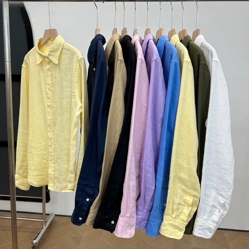 

Мужской хлопок и лен, винтажный длинный воротник со сложенным воротником, устойчивый к деформации, весенне-осенний сезон, повседневный Sli