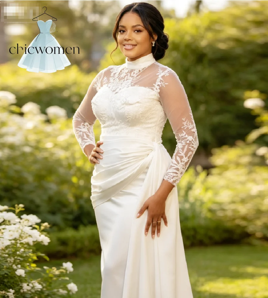 Elegant Plus Size Midi Wedding Dress Long Sleeve Nigerian African Short Boho Bridal Gowns Lace  Draped Asymmetrical Curvy Bride