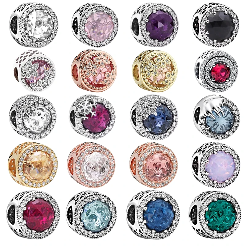 ローズゴールドスパークリングレッドブルーグリーンピンクジルコン花スノーフレークチャームビーズフィットオリジナル 925 シルバーブレスレット DIY 女性ジュエリー