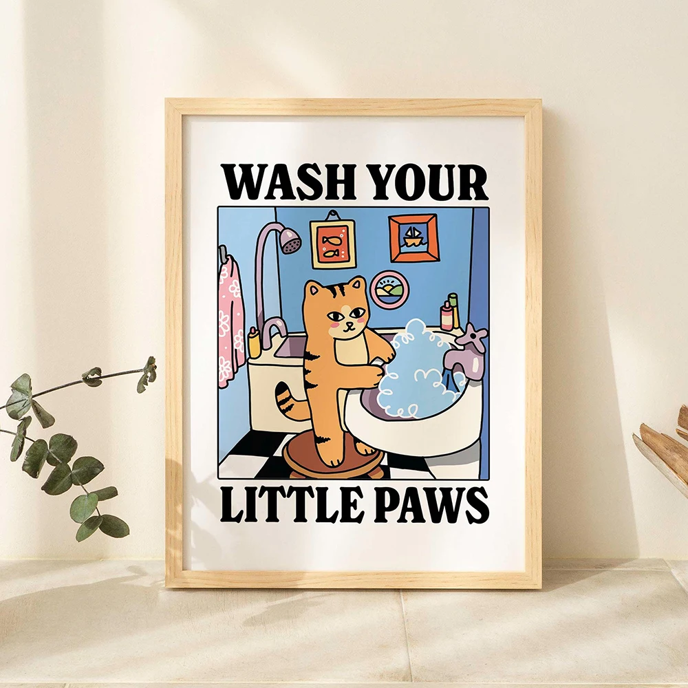 Wash Your Paws Cat Print Cute Bathroom Poster Wash Laundry Room Childrens Pictures Decor Unique Cats Wall Art Canvas Painting