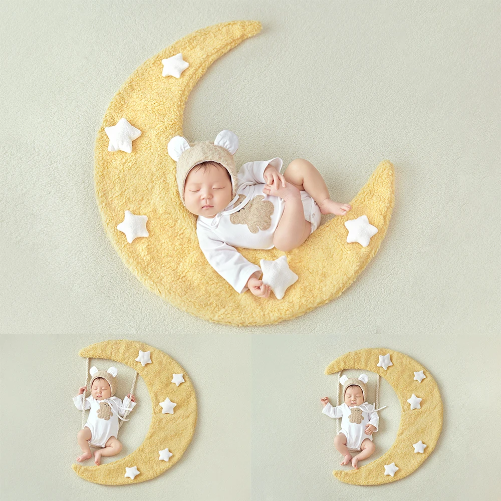 

Newborn Photography Props Kit Baby Costume Moon Shaped Plush Mat Star Decor for Photo Studio Fantasy Fairytale Style Shoot Theme