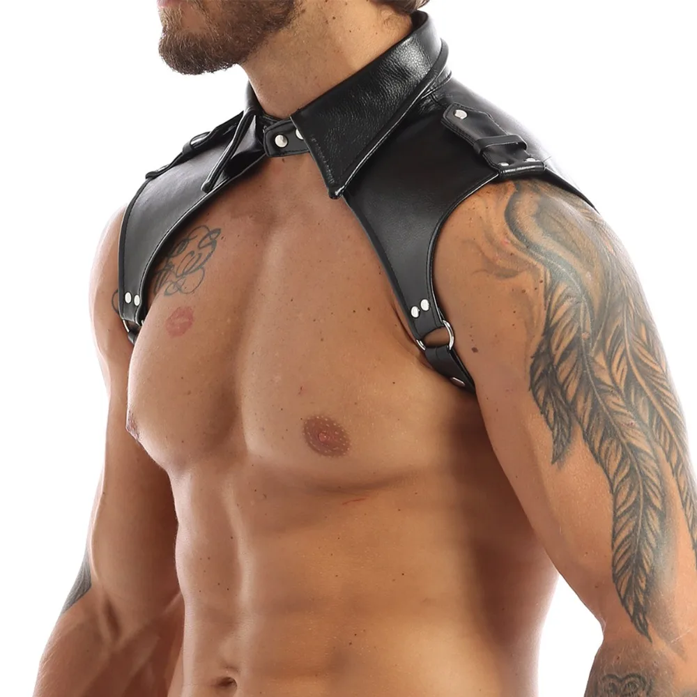 Men\'s Black Leather Harness Sexy Collar Male Adult Erotic Costumes Role Play Chest Belts Club Dancer Gogo Boy Stripper Outfits