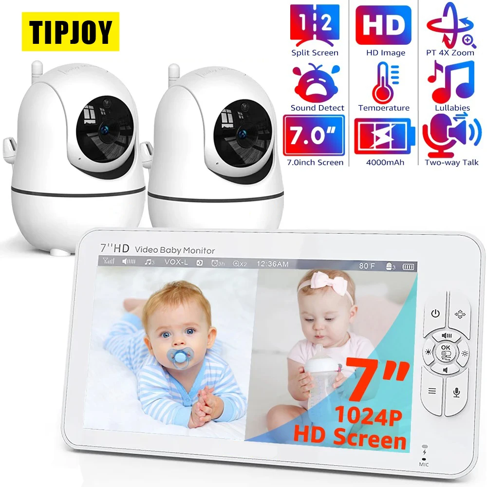 7 Inch 1080P Baby Monitor with 2 Cameras Babyphone Split Screen Pan-Tilt-Zoom Nanny Camera 2-way Audio Night Vision BabySitter