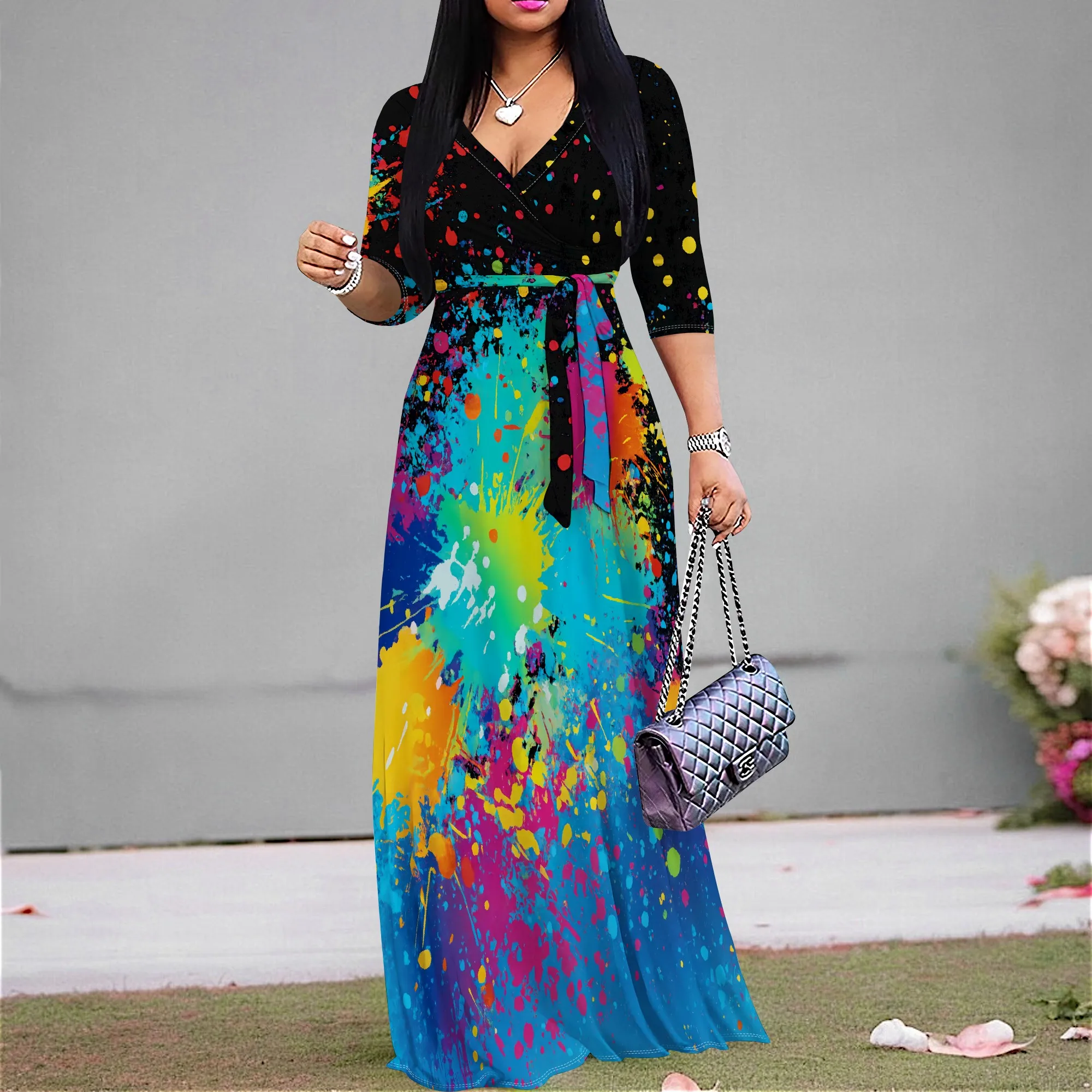 

Colorful Boho Maxi Dress for Women Summer V-Neck Ink Splatter Print Wrap Party Dress XS-3XL