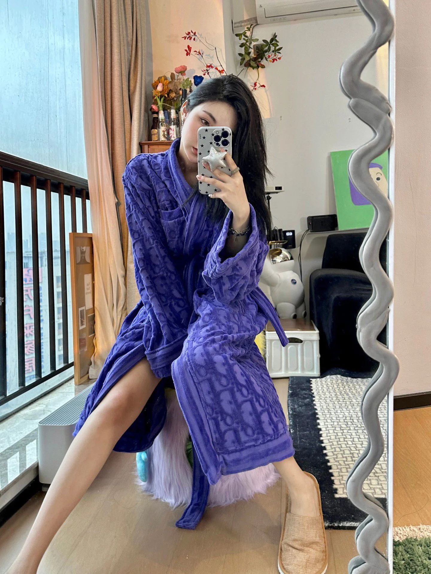 Cozy Purple Embossed Pattern Robe - Autumn Winter Bathrobe with Sash Tie & Pockets, Unisex Couple Homewear