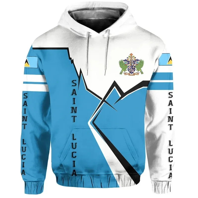 Vintage 3D Printed Saint Lucia National Flag Map Hoodies Saint Lucia Coat Of Arms Graphic Hooded Hoody Fashion Mens Clothing Top