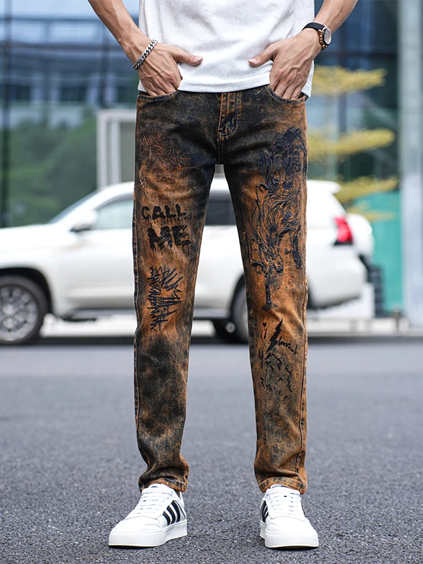 

Мужские джинсы с вышивкой в стиле ретро, ​​облегающие, из хлопкового эластичного денима, повседневные длинные брюки, зимние, эластичные, высококачественные, в европейском стиле