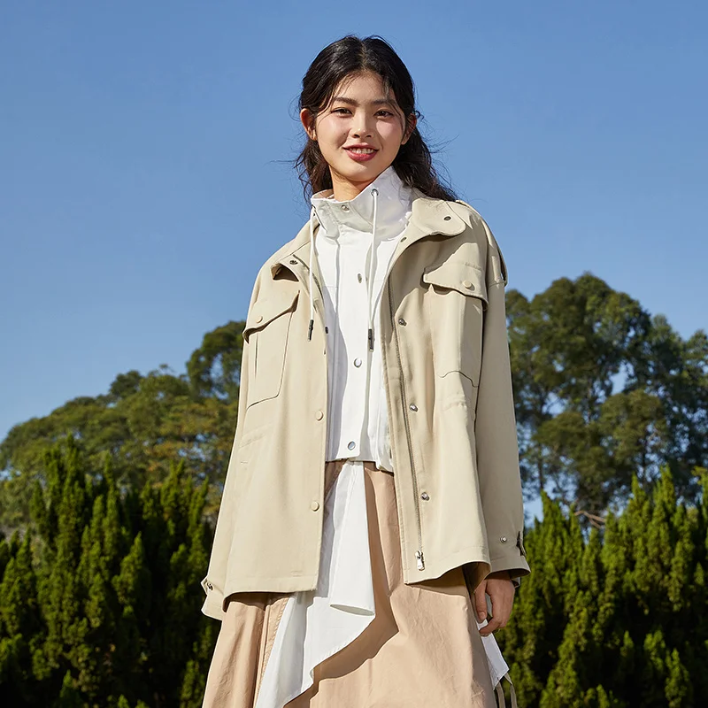 Semir Trench Coat Women Mid-Length Solid Tooling Style 2022 Spring New Oversize Stand Collar Waist Trench Coats Fashion