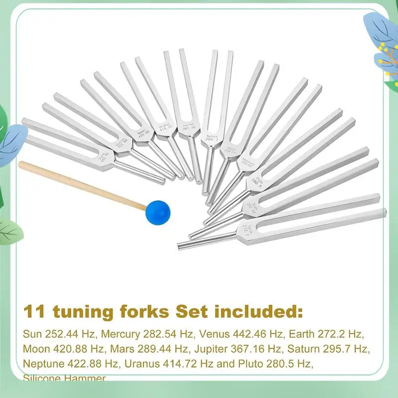 SYDS 音叉セット、癒し、サウンドセラピー用の音叉 11 個、シリコンハンマークリーニングクロスとバッグ付き