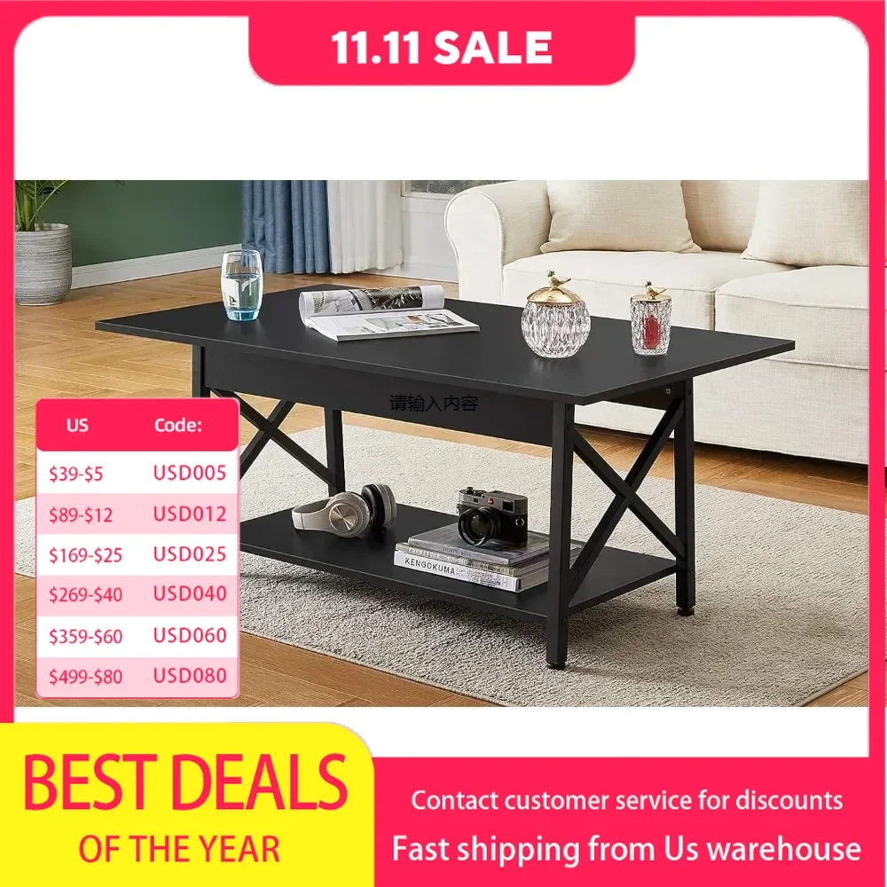 Coffee table with storage shelves, 2 tiers rectangular living room center table, suitable for home office, easy to assemble