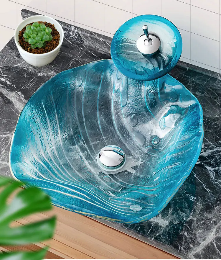 

Blue water ripple design tempered glass countertop basin, creative red maple leaf design household bathroom washbasin GN775AF