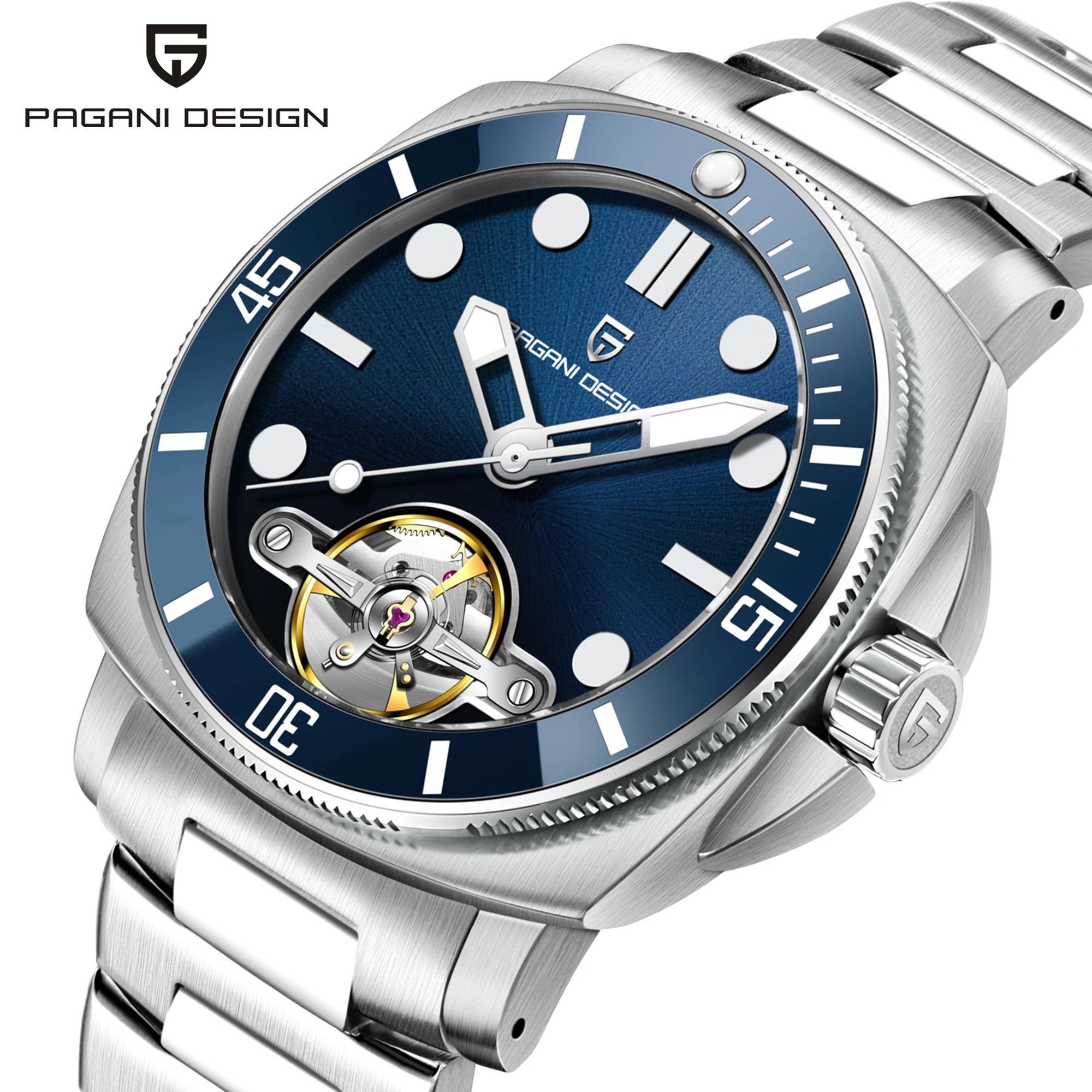 PAGANI DESIGN Men's Automatic Watch 43MM Skeleton Diver Dial Synthetic Sapphire Luminous Stainless Business Wristwatch PD1833