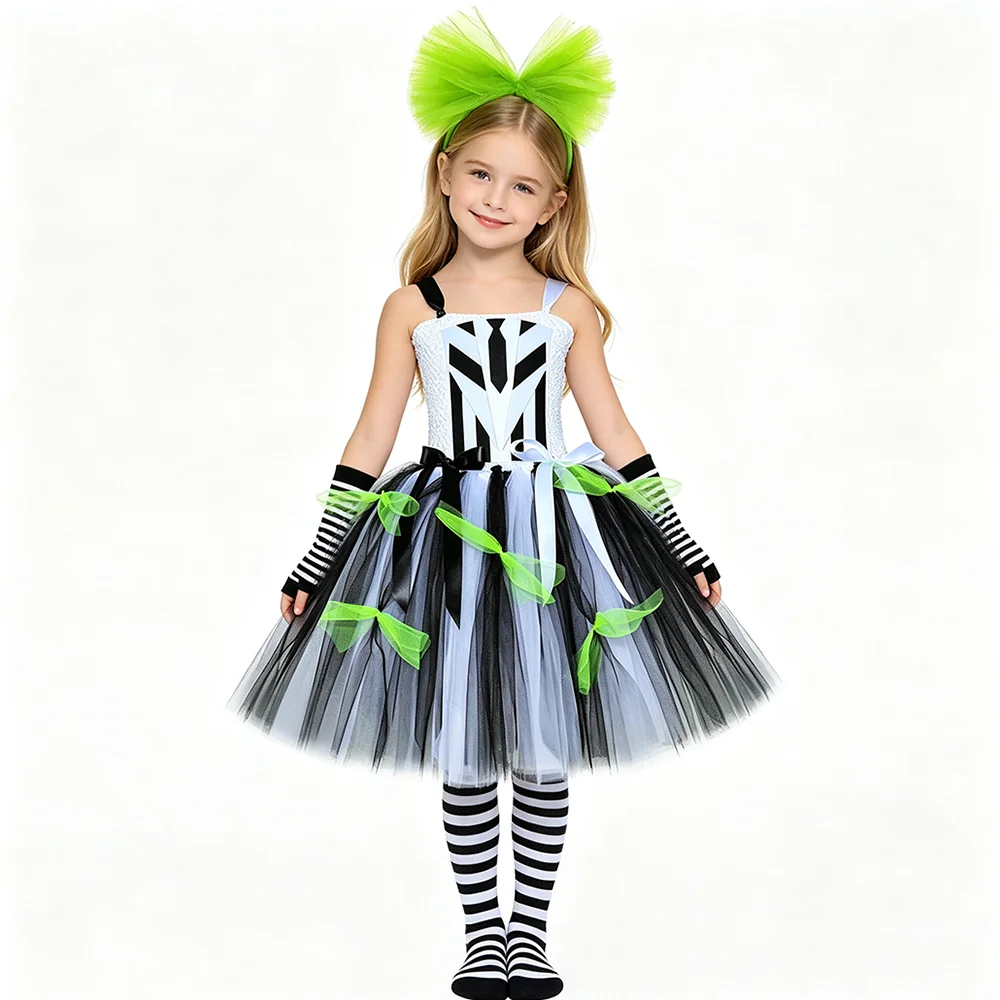 Spooky Gothic Ghost Tutu Dress for Girls Halloween Costume Kids Fancy Party Outfit with Green Tulle Bow Gloves Striped Socks