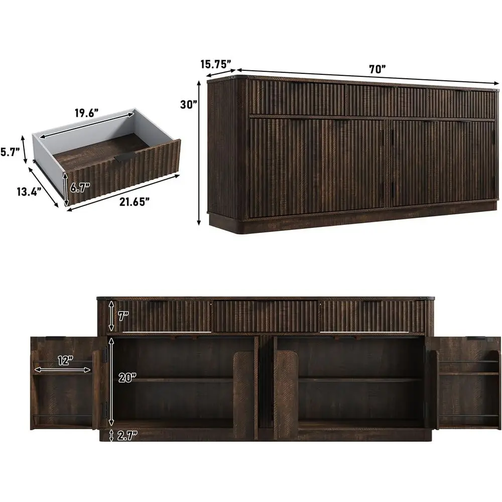 70 Large Rounded Edge Sideboard with 3 Drawers, 4 Door Shelves, and Rustic Brown Kitchen Pantry