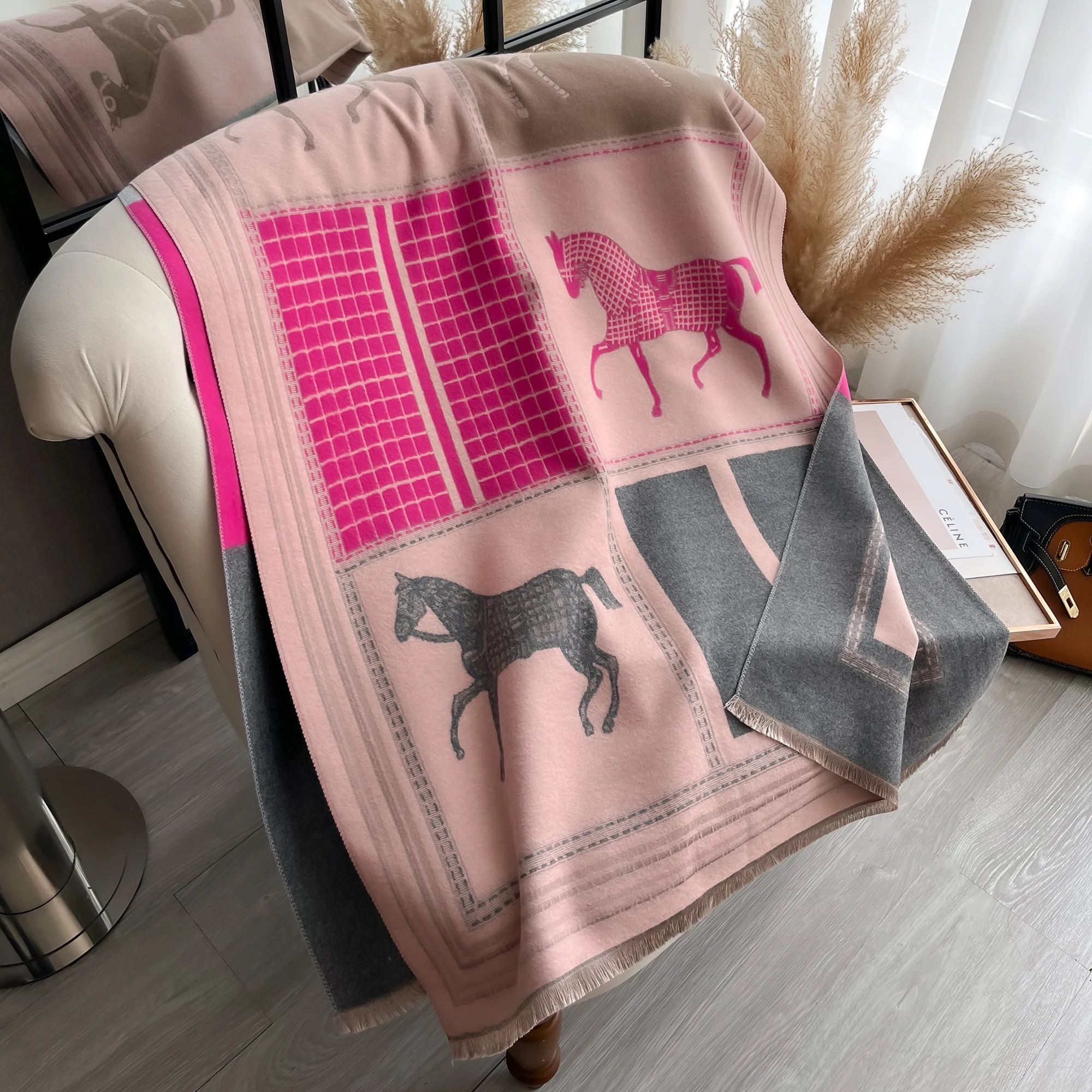 Ladies Classic Steed Pattern Double Sided Shawl, Thin Fringe Cashmere Feel Large Wrap Scarf For Autumn Winter Daily Matching