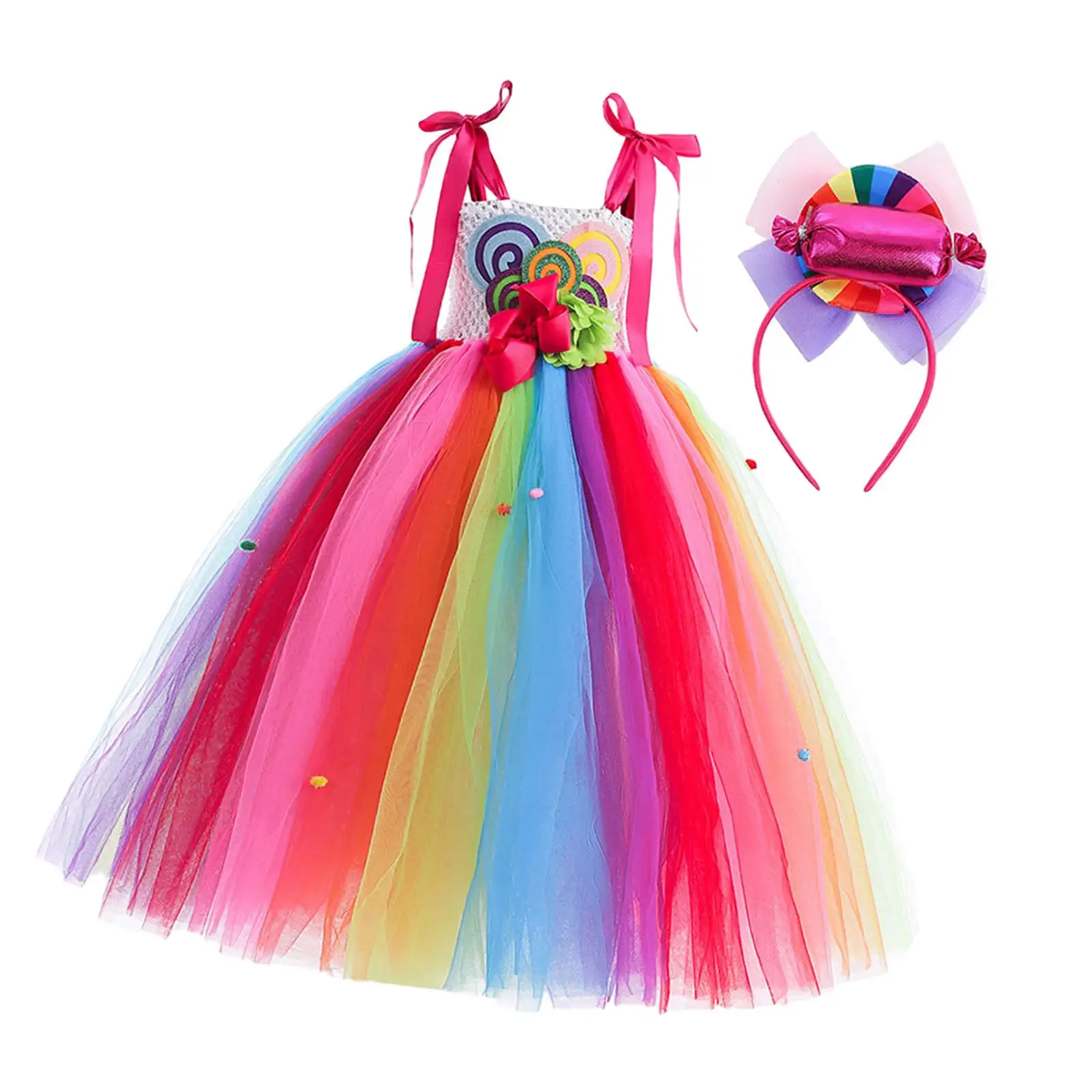 Vestido de tul con apliques de piruleta para niñas, disfraz temático de dulces con diadema para eventos de cumpleaños y Halloween
